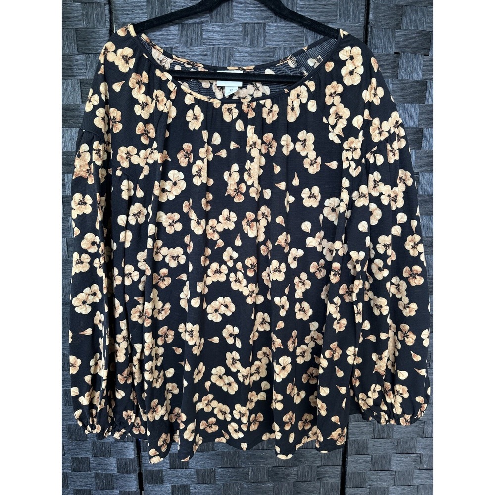 Ava & Viv Size 2X Top Black Floral Balloon Sleeve